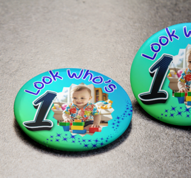 Customizable Look Who's One 1st birthday Pin Badge Boys