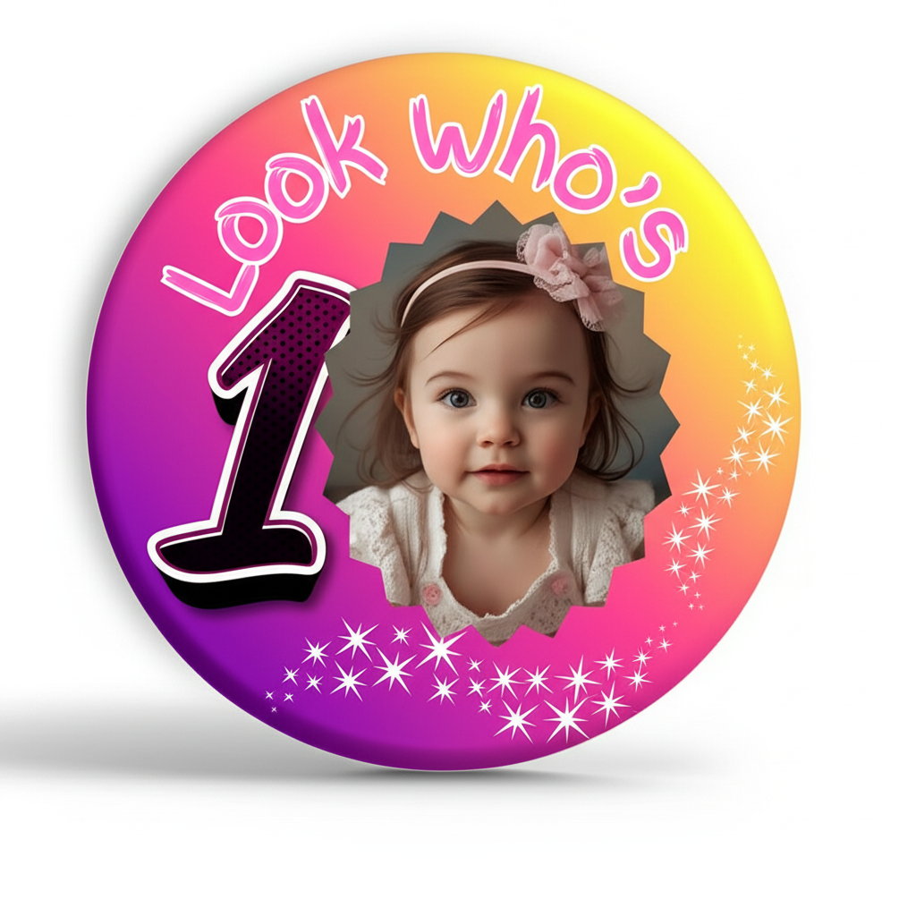 Look Who's One Birthday Pin Badge Girls