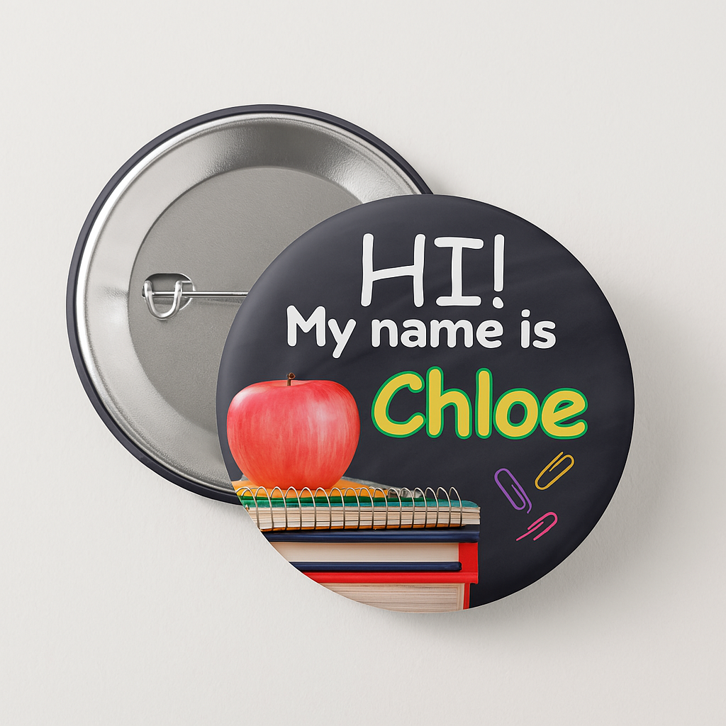 CUSTOMIZABLE CLASSIC CHALKBOARD BACK 2 SCHOOL NAME TAG BADGE PIN