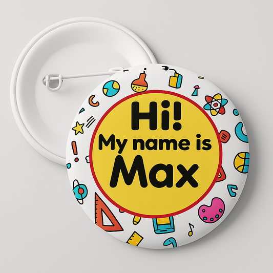 BACK TO SCHOOL NAME TAG BADGE PIN YELLOW MULTI