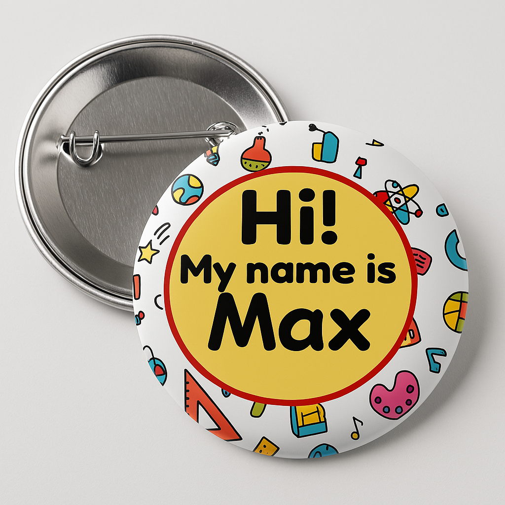 BACK TO SCHOOL NAME TAG BADGE PIN YELLOW MULTI
