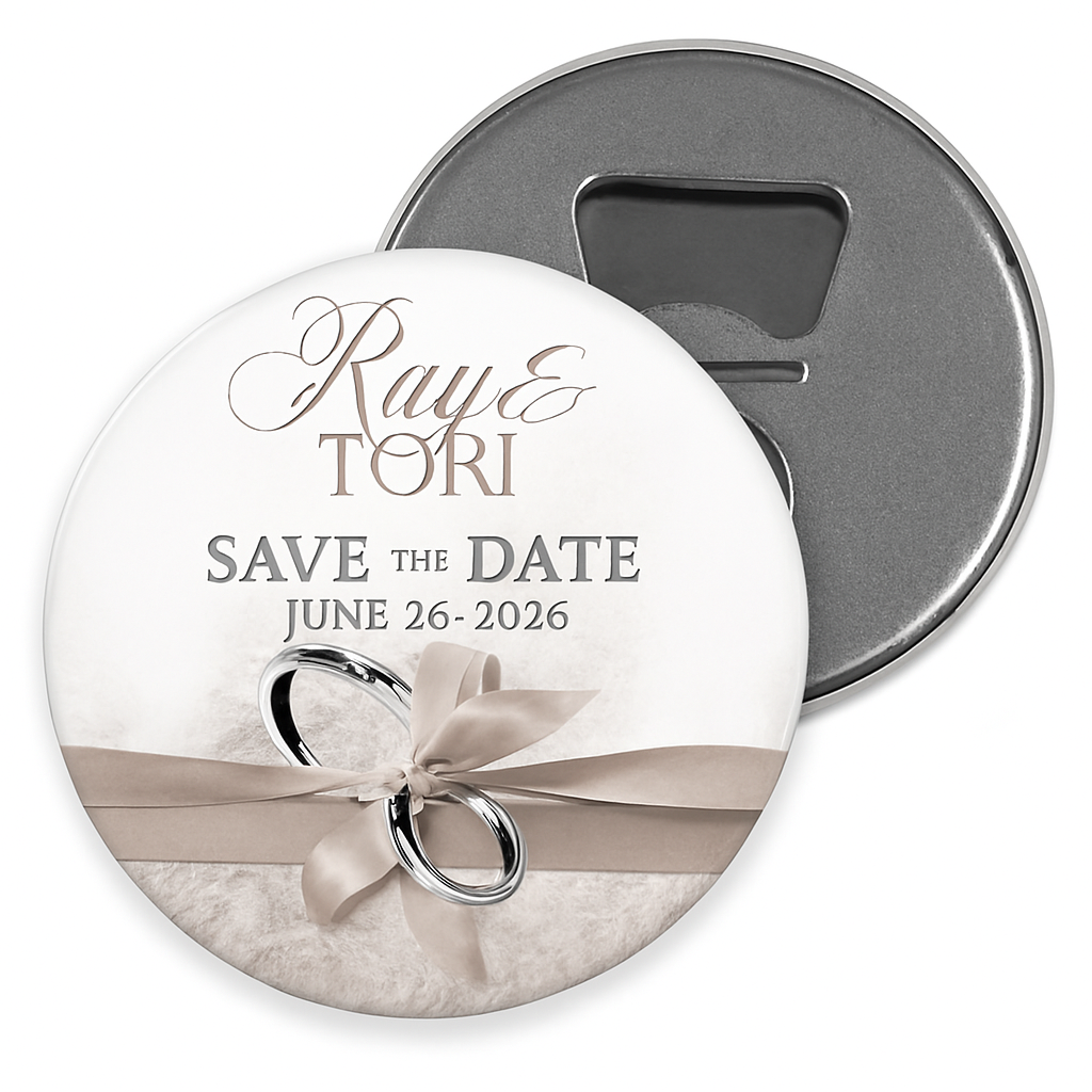 Personalized Beige Save the Date Magnetic Bottle Opener
