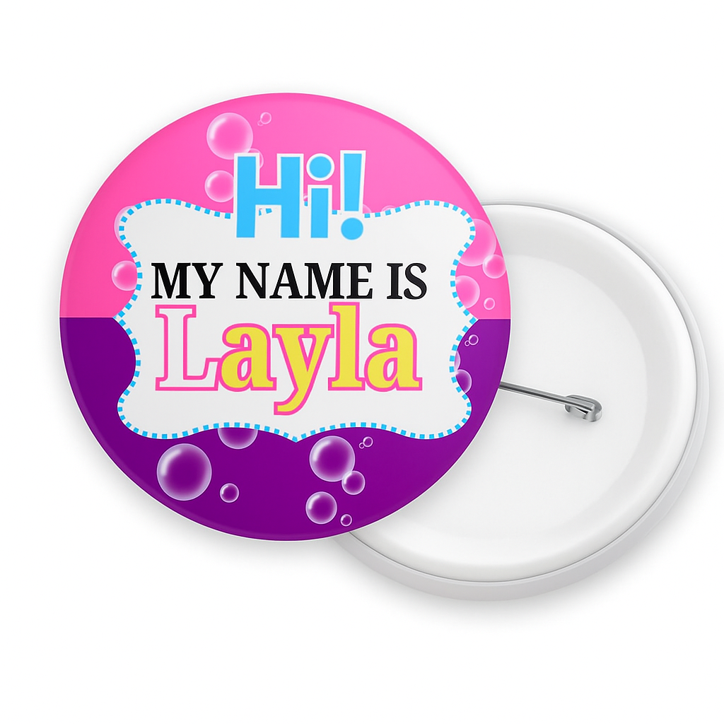Name tag button with 'Hi! My Name is Layla' text on a pink and purple background