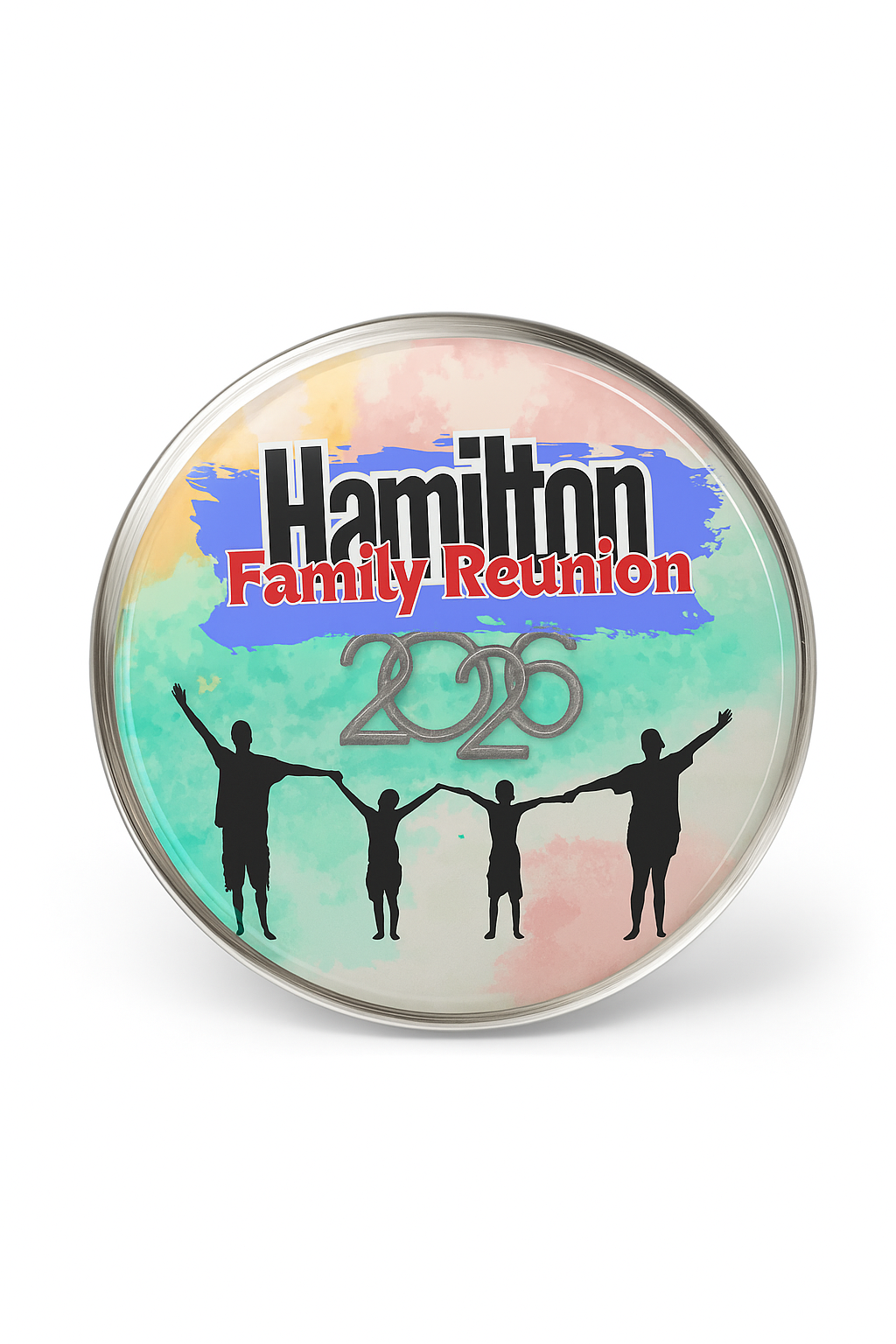 Personalized Multicolor Family Reunion Pin – Pin Back Button with Silver or White Back