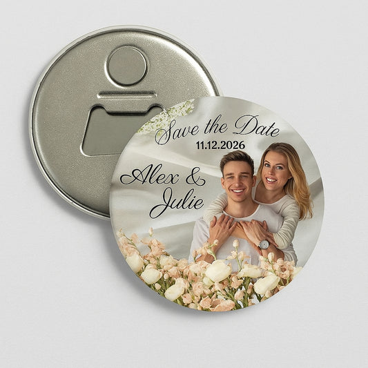 Personalized Photo Floral Save the Date Magnetic Bottle Opener