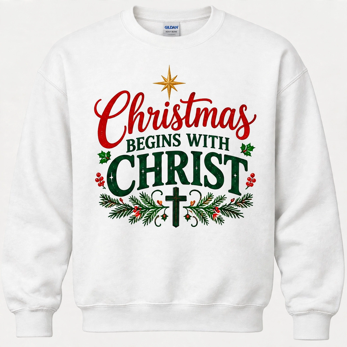 Christmas Begins with Christ sweatshirt in white – festive red and green faith-based Christmas graphic