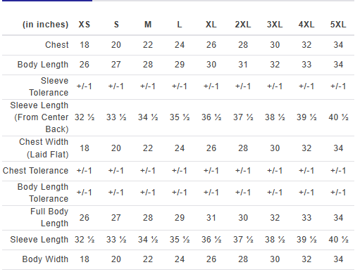 Size chart table showing sweatshirt measurements for clothing sizes XS through 5XL, including chest, body length, and sleeve measurements